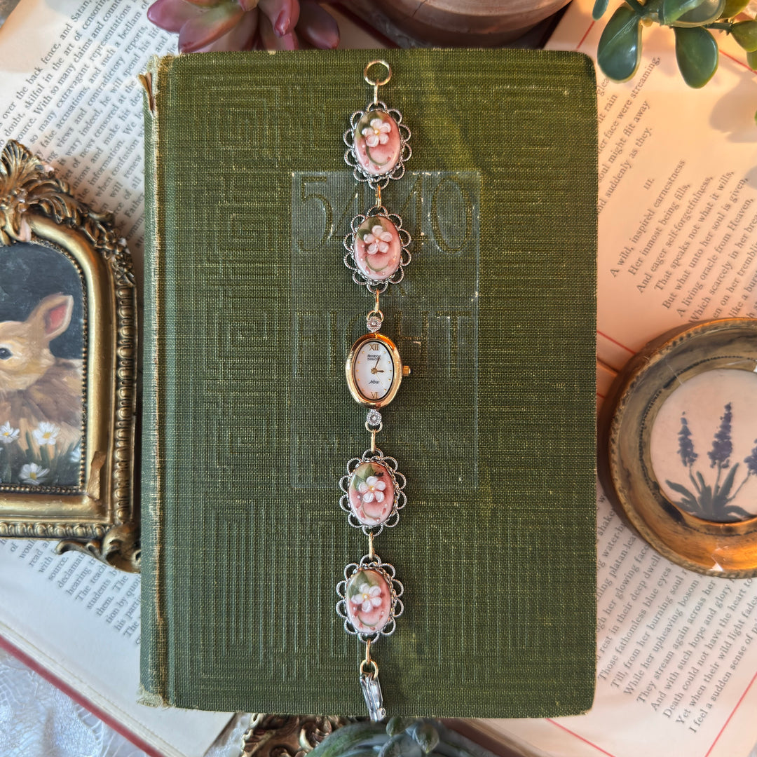 Repurposed Two Tone Floral Hand-Painted Enamel Watch