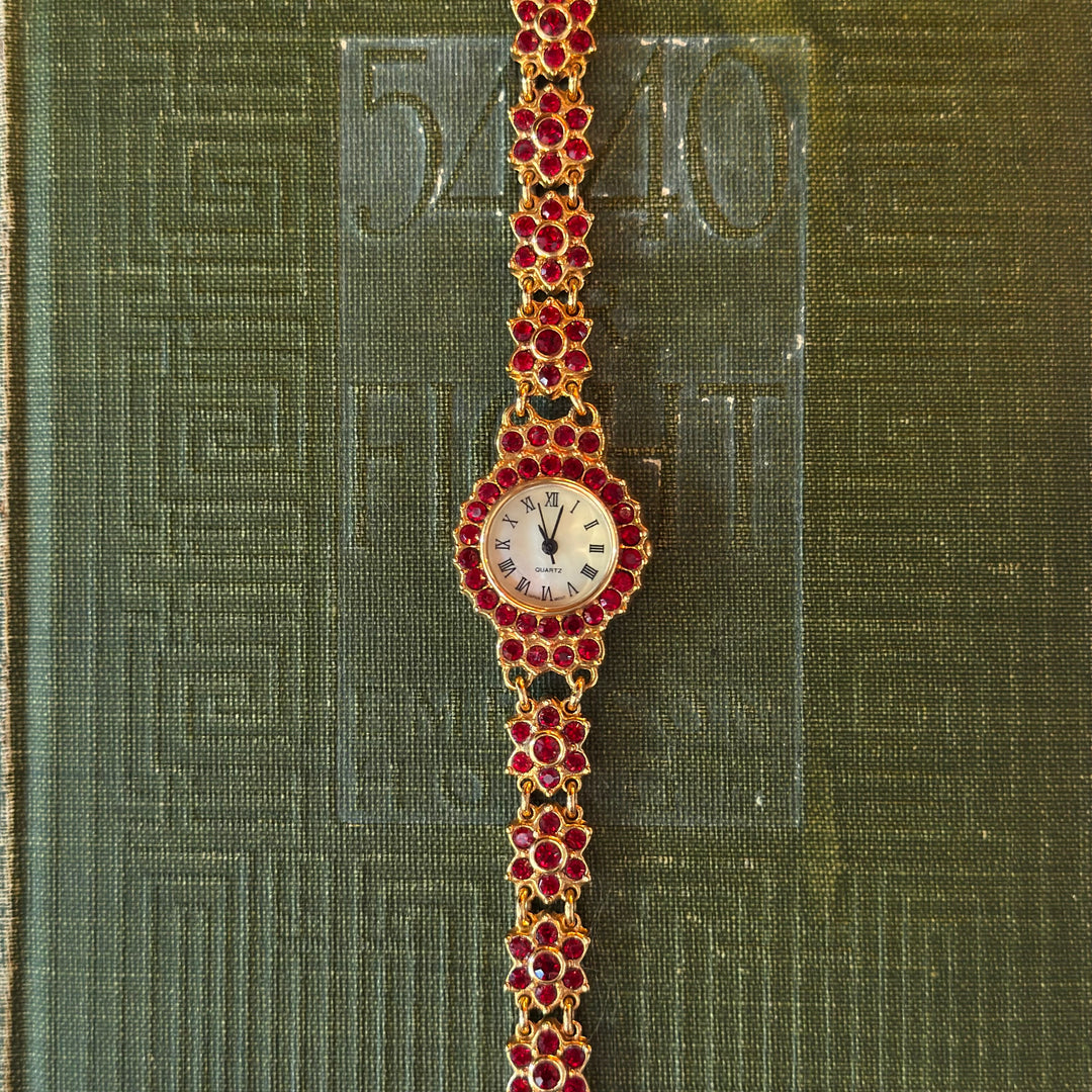 Gold Floral Watch with Red Rhinestones