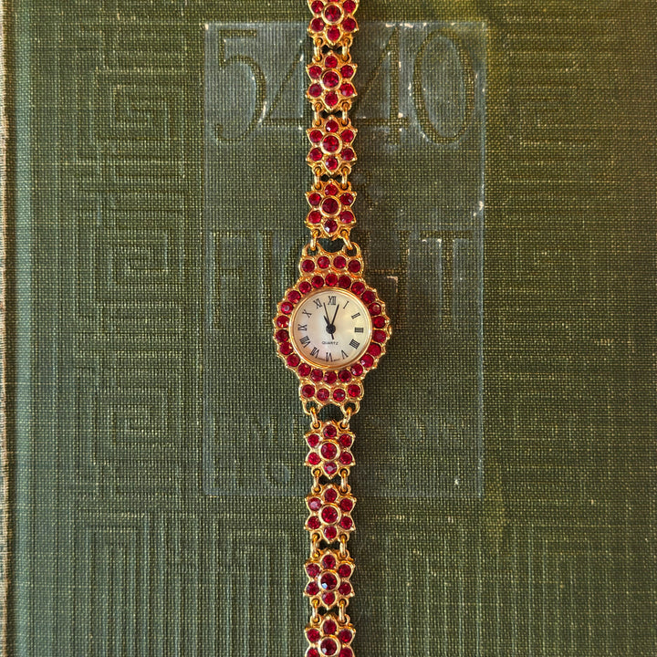 Gold Floral Watch with Red Rhinestones