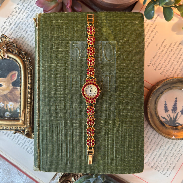 Gold Floral Watch with Red Rhinestones