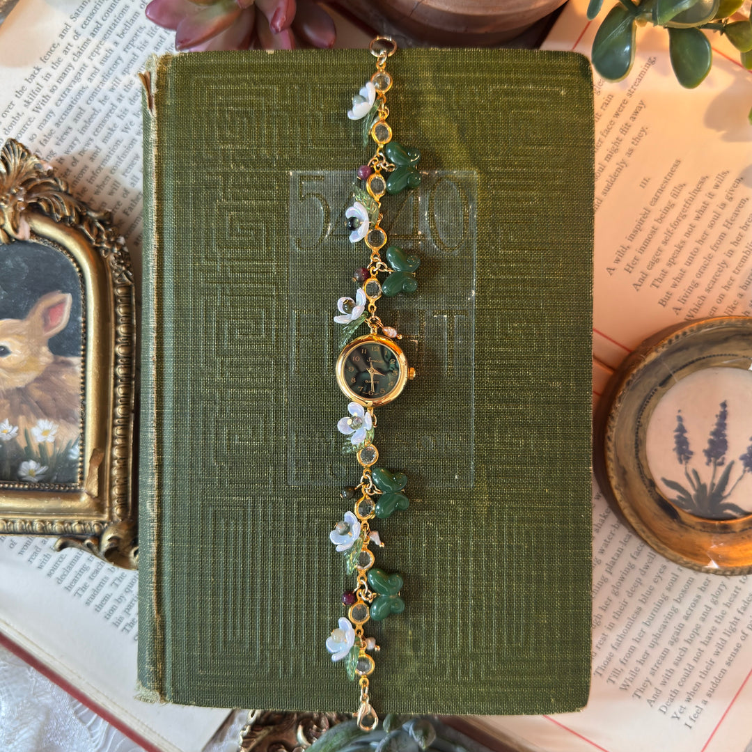 Handmade Gold Abalone Floral & Butterfly Charm Watch