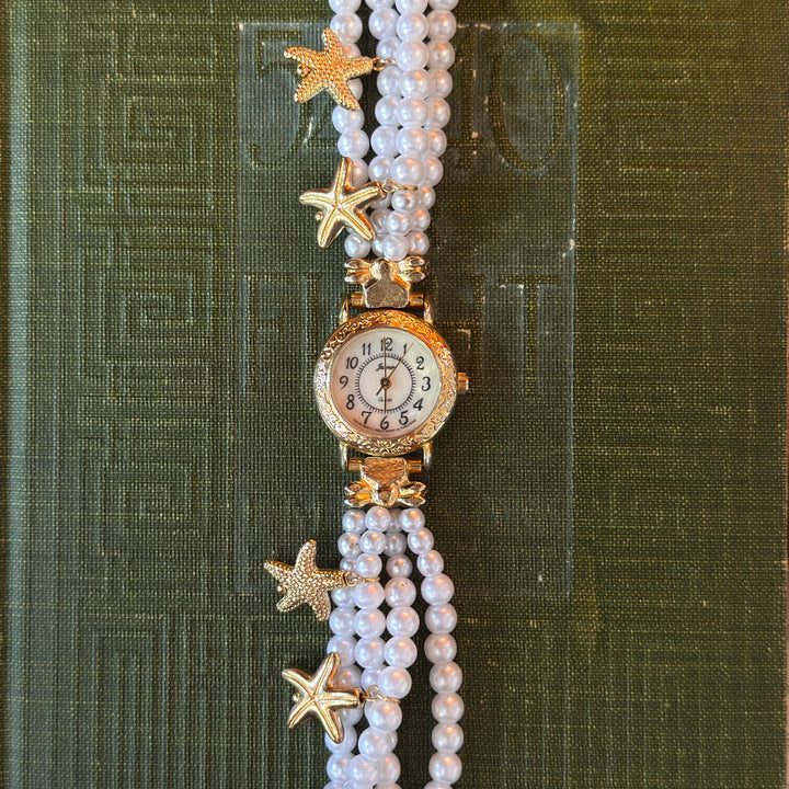 Gold Pearl String Watch with Starfish Charms