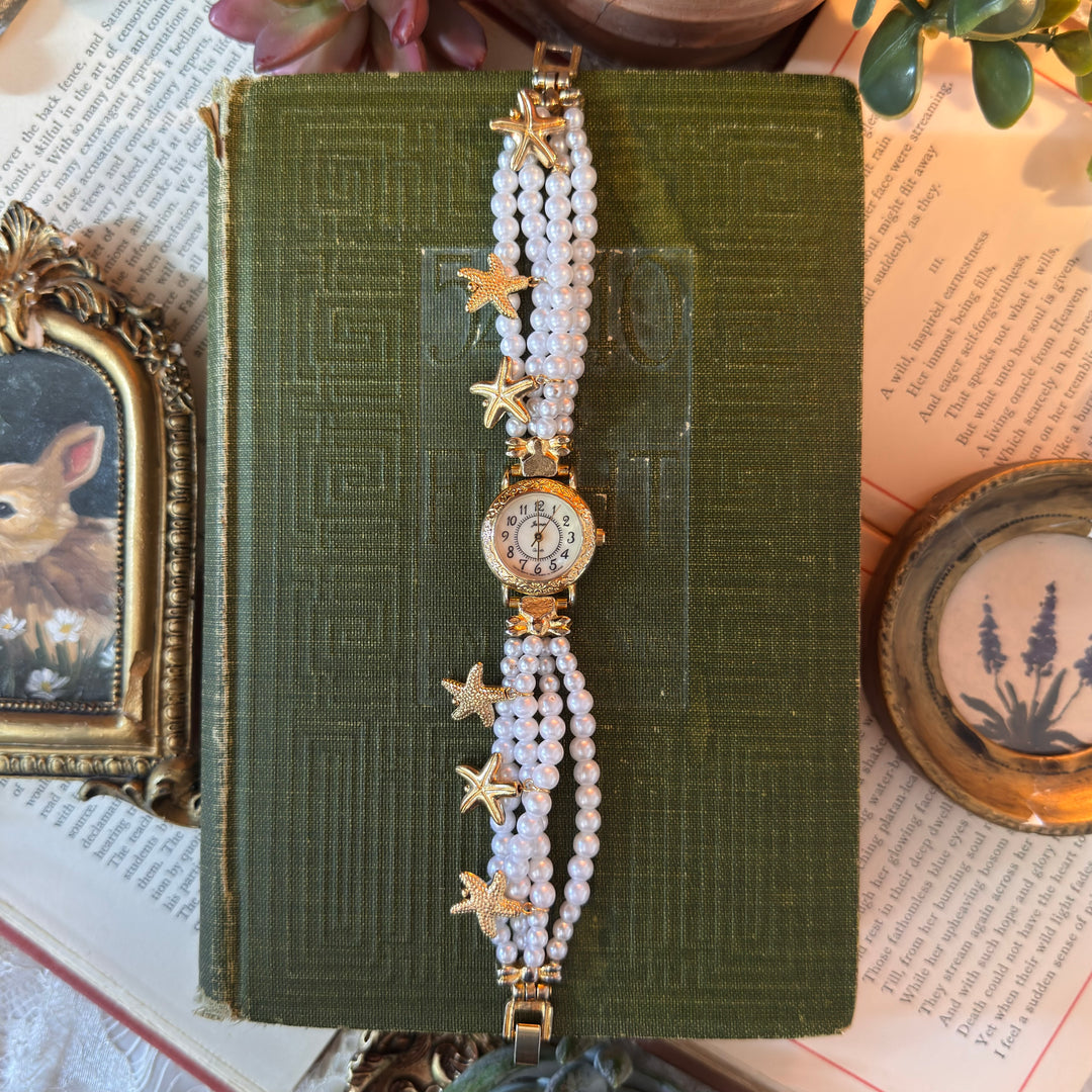 Gold Pearl String Watch with Starfish Charms