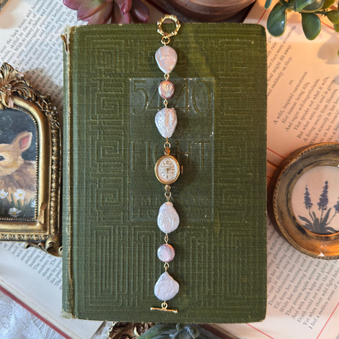 Handmade Gold Watch with Genuine Pearls