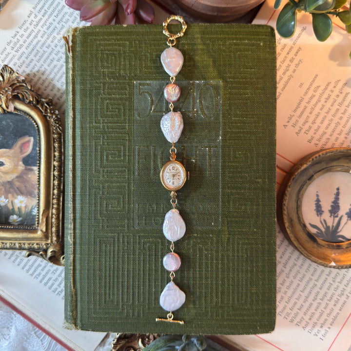 Handmade Gold Watch with Genuine Pearls