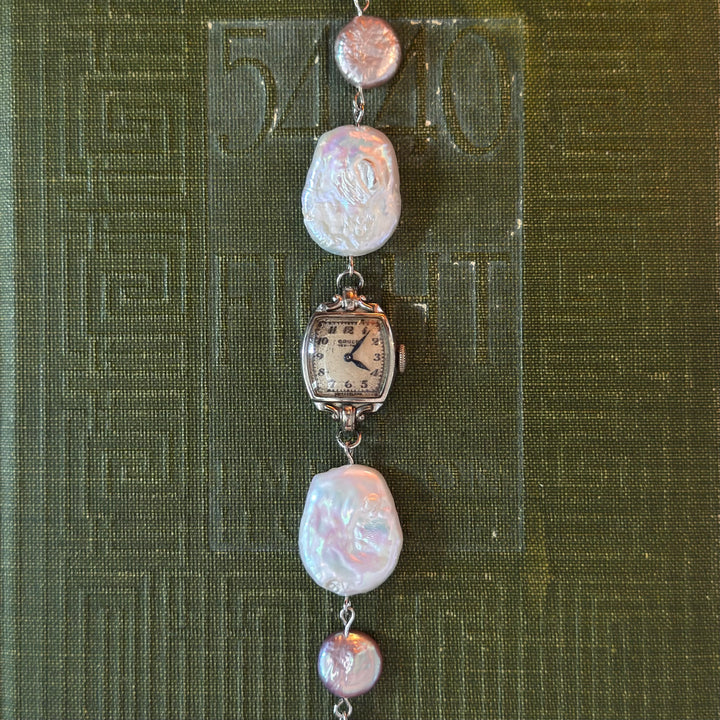 Handmade Silver Watch with Genuine Pearls