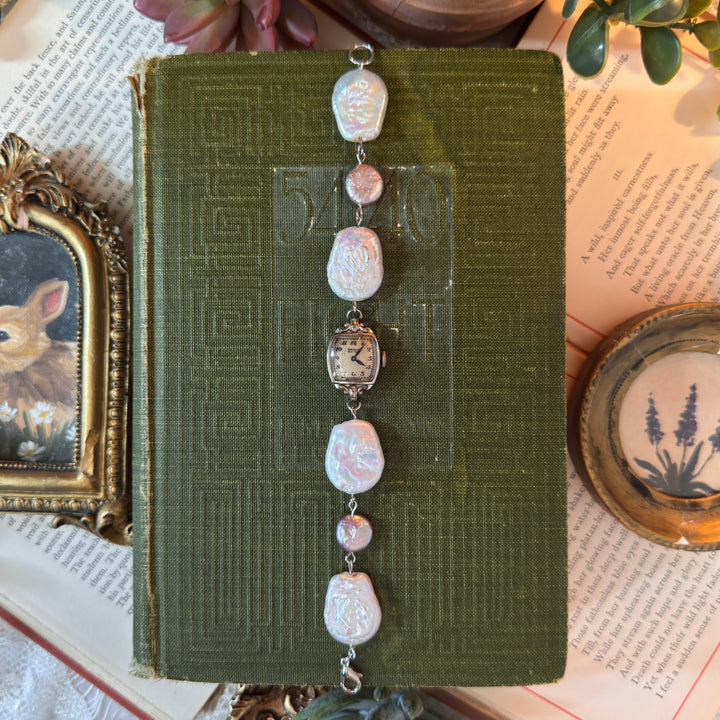 Handmade Silver Watch with Genuine Pearls