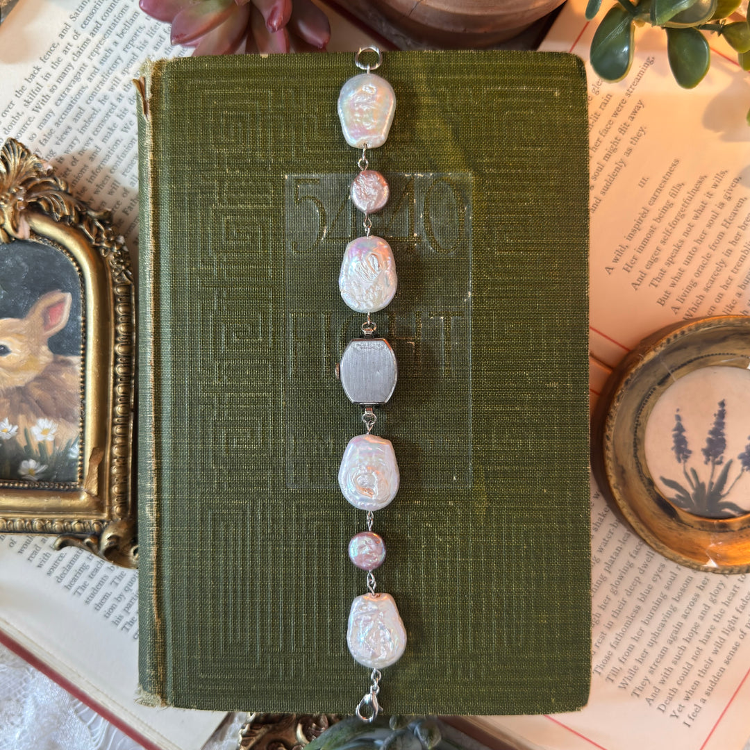 Handmade Silver Watch with Genuine Pearls