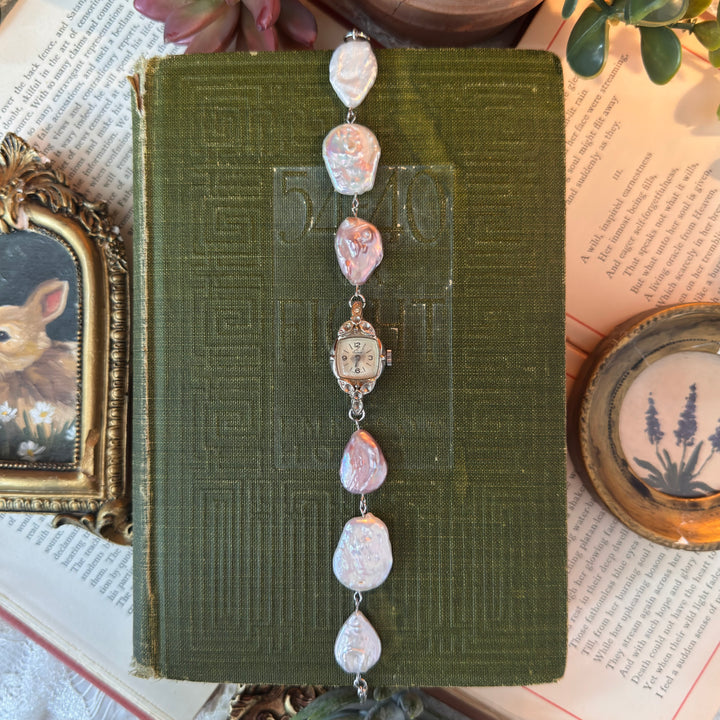 Handmade Silver Watch with Genuine Pearls
