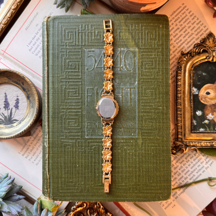 Gold Flower Watch with Red Rhinestones