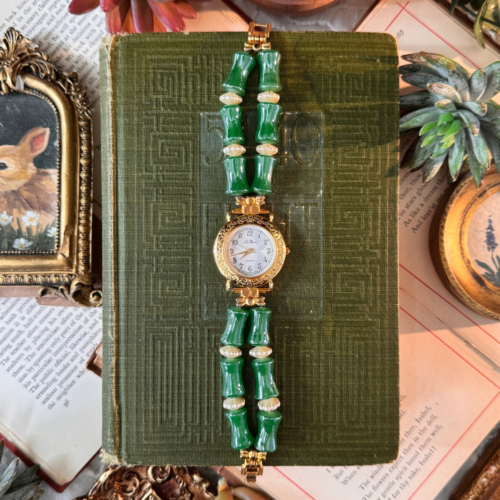 Gold Watch with Green & White Beads