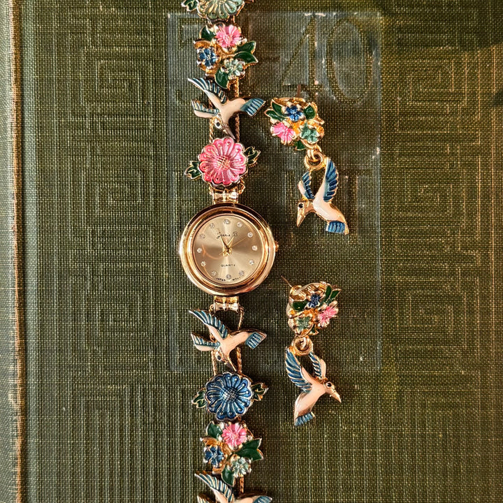 Gold Humming Bird & Flower Charm Watch with Matching Earrings