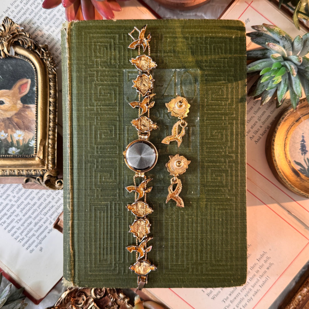 Gold Humming Bird & Flower Charm Watch with Matching Earrings