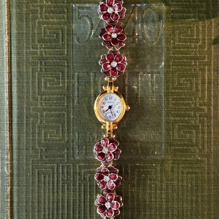 Gold Red Flower Watch