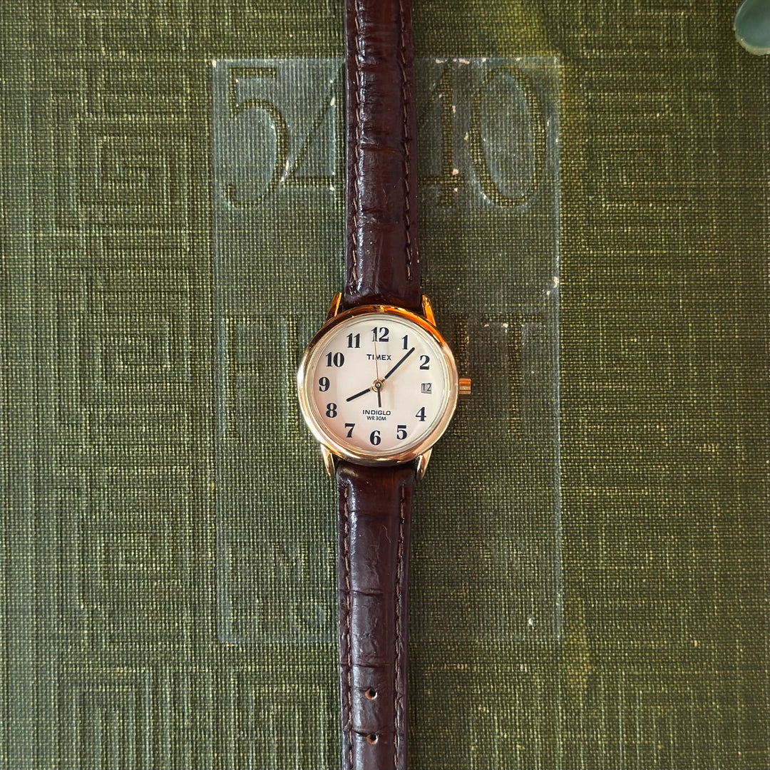 Gold Leather Watch with Brown Strap