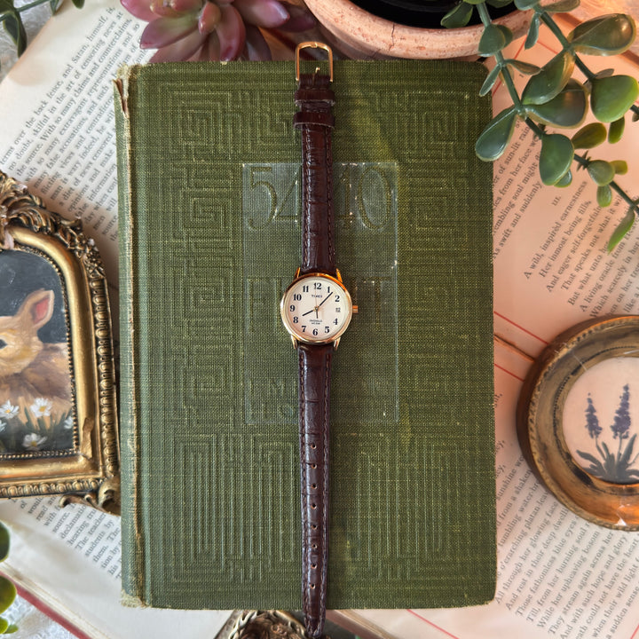 Gold Leather Watch with Brown Strap