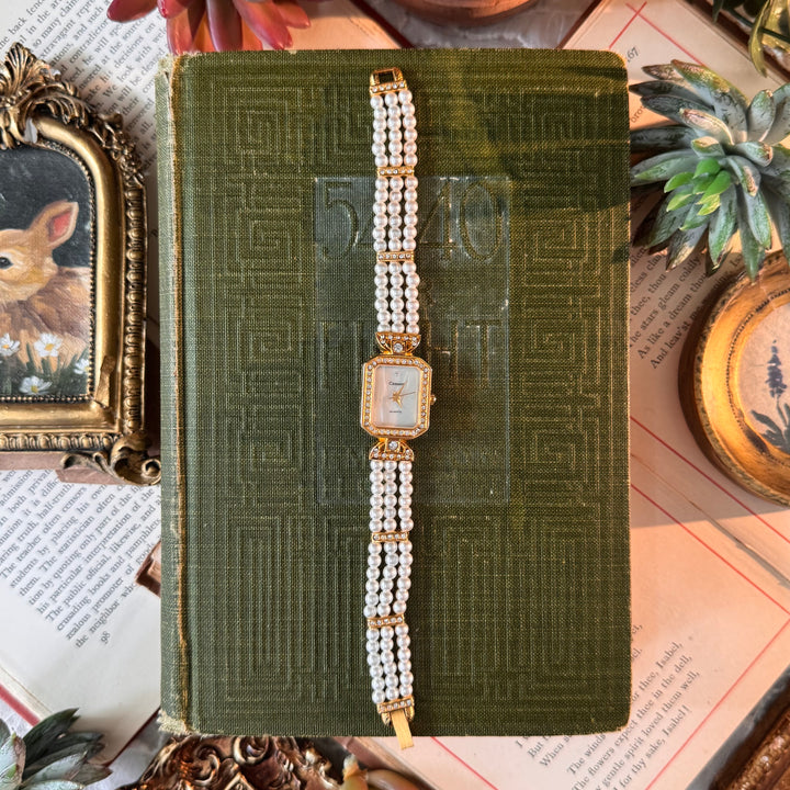 Gold Pearl Watch with Rhinestones