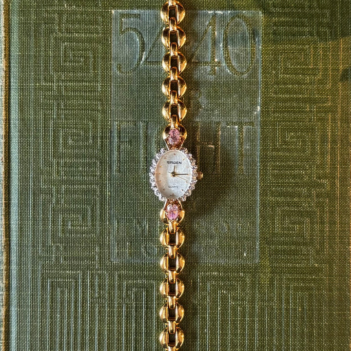 Two Tone Watch with Genuine Pink Stones