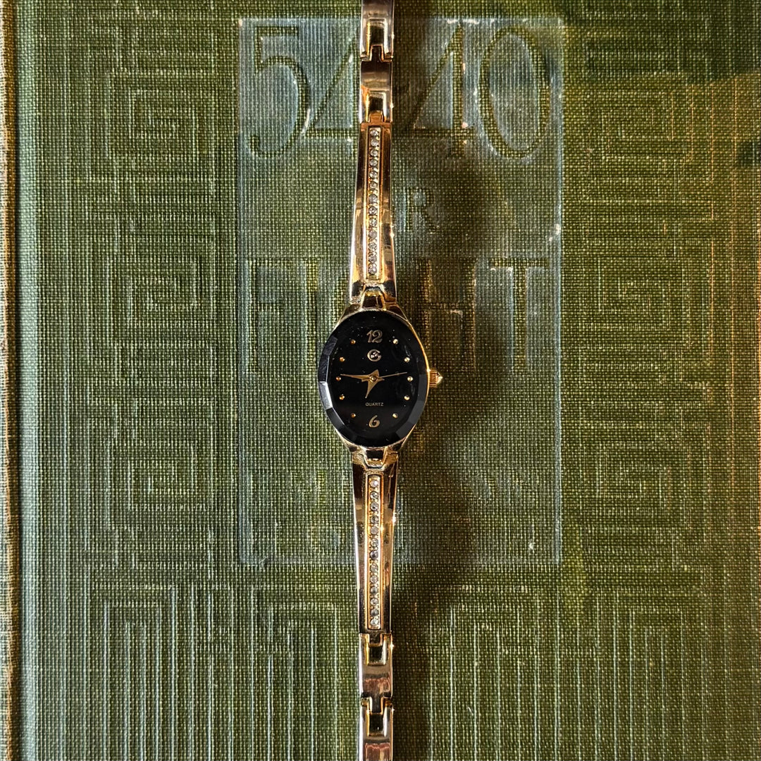 Gold Watch with Black Face & Rhinestones