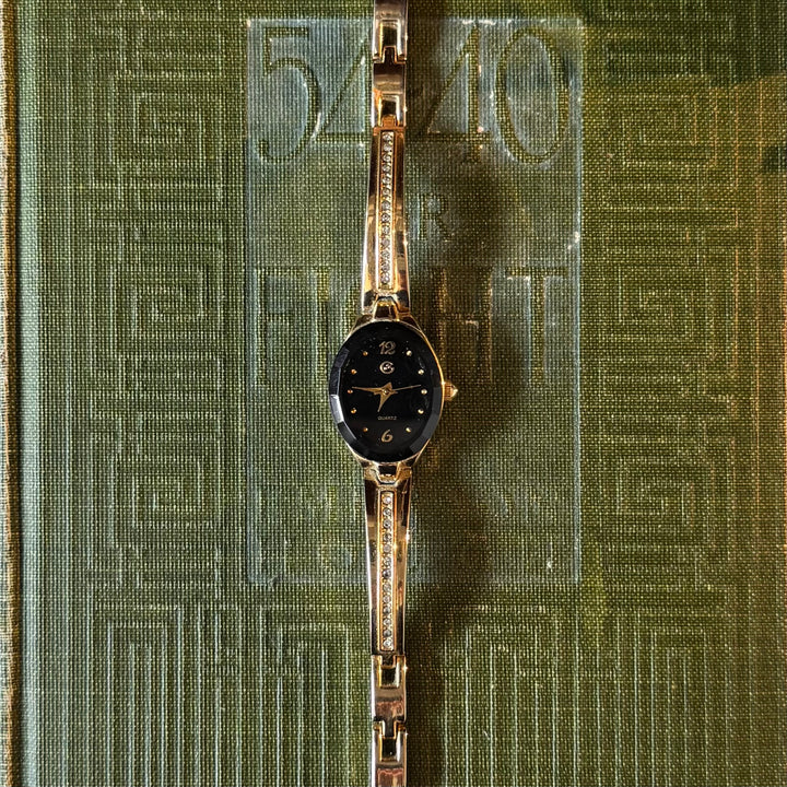 Gold Watch with Black Face & Rhinestones