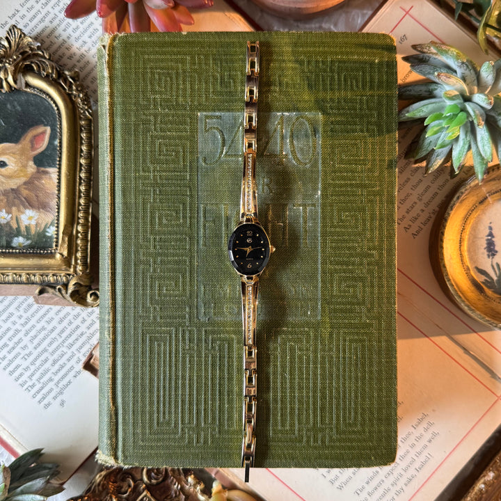 Gold Watch with Black Face & Rhinestones