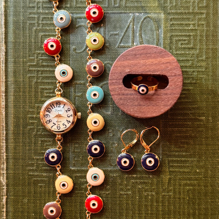 Gold Repurposed Joan Rivers Evil Eye Watch with Matching Bracelet, Earrings, & Ring