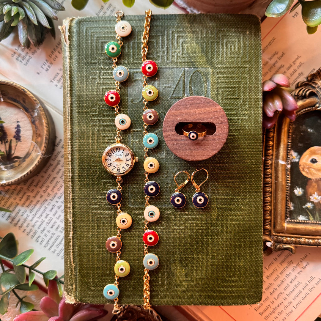 Gold Repurposed Joan Rivers Evil Eye Watch with Matching Bracelet, Earrings, & Ring