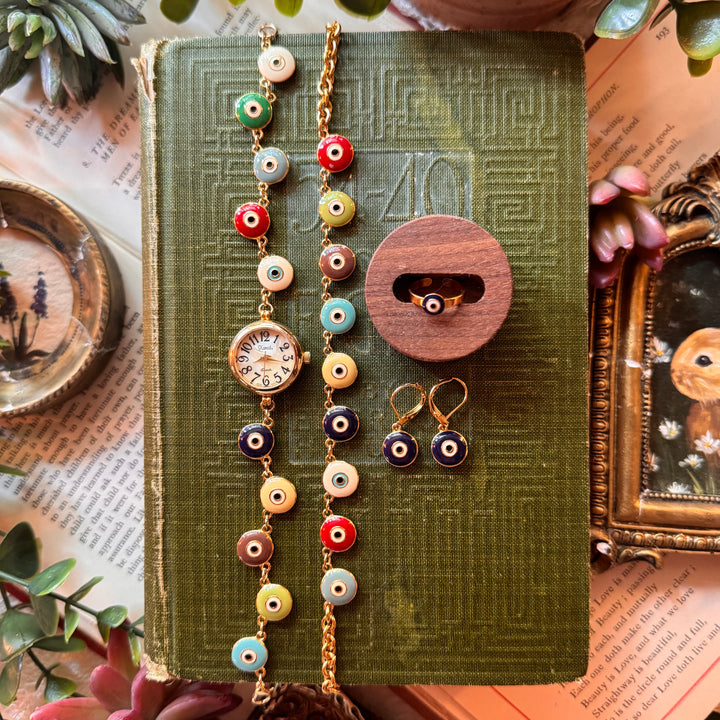 Gold Repurposed Joan Rivers Evil Eye Watch with Matching Bracelet, Earrings, & Ring