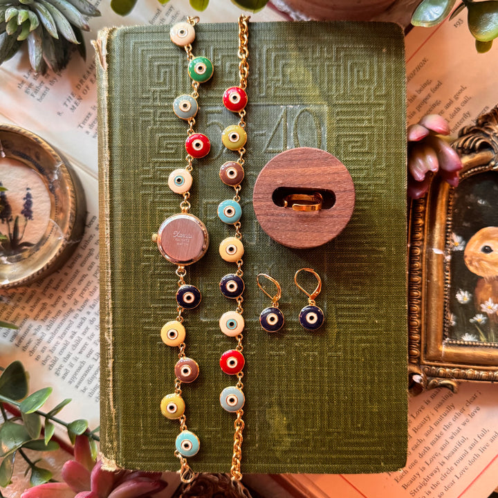 Gold Repurposed Joan Rivers Evil Eye Watch with Matching Bracelet, Earrings, & Ring