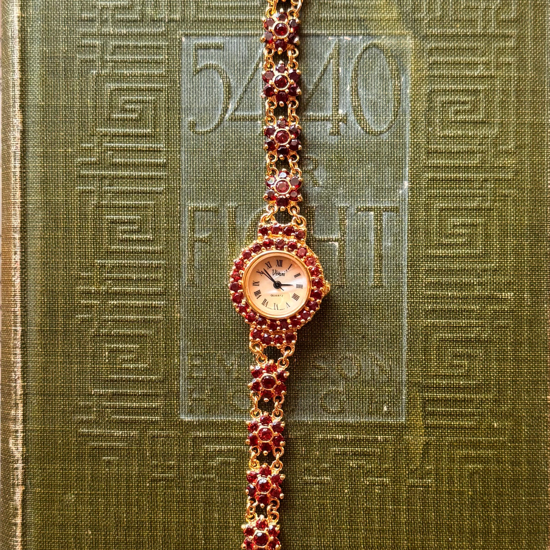 Gold Deep Burgundy Floral Rhinestone Watch
