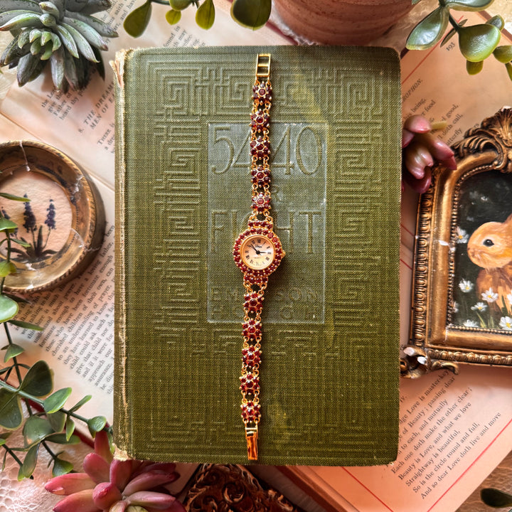 Gold Deep Burgundy Floral Rhinestone Watch