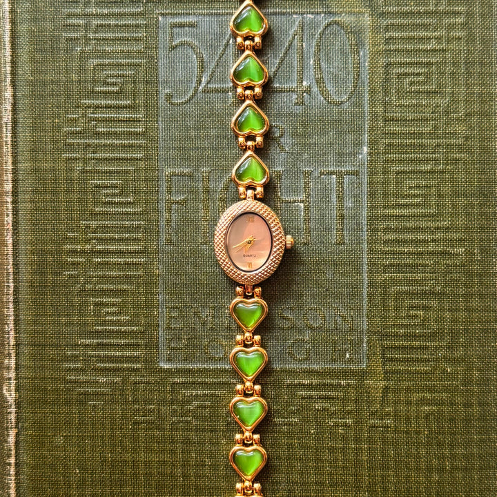 Gold Repurposed Green Heart Watch