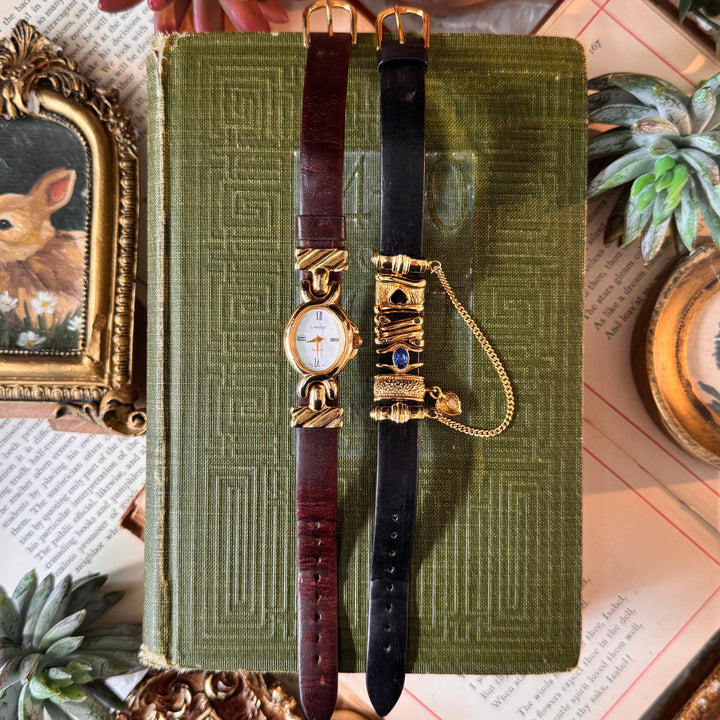 Gold Interchangeable Watch with Bracelet & Black leather Strap with Chains