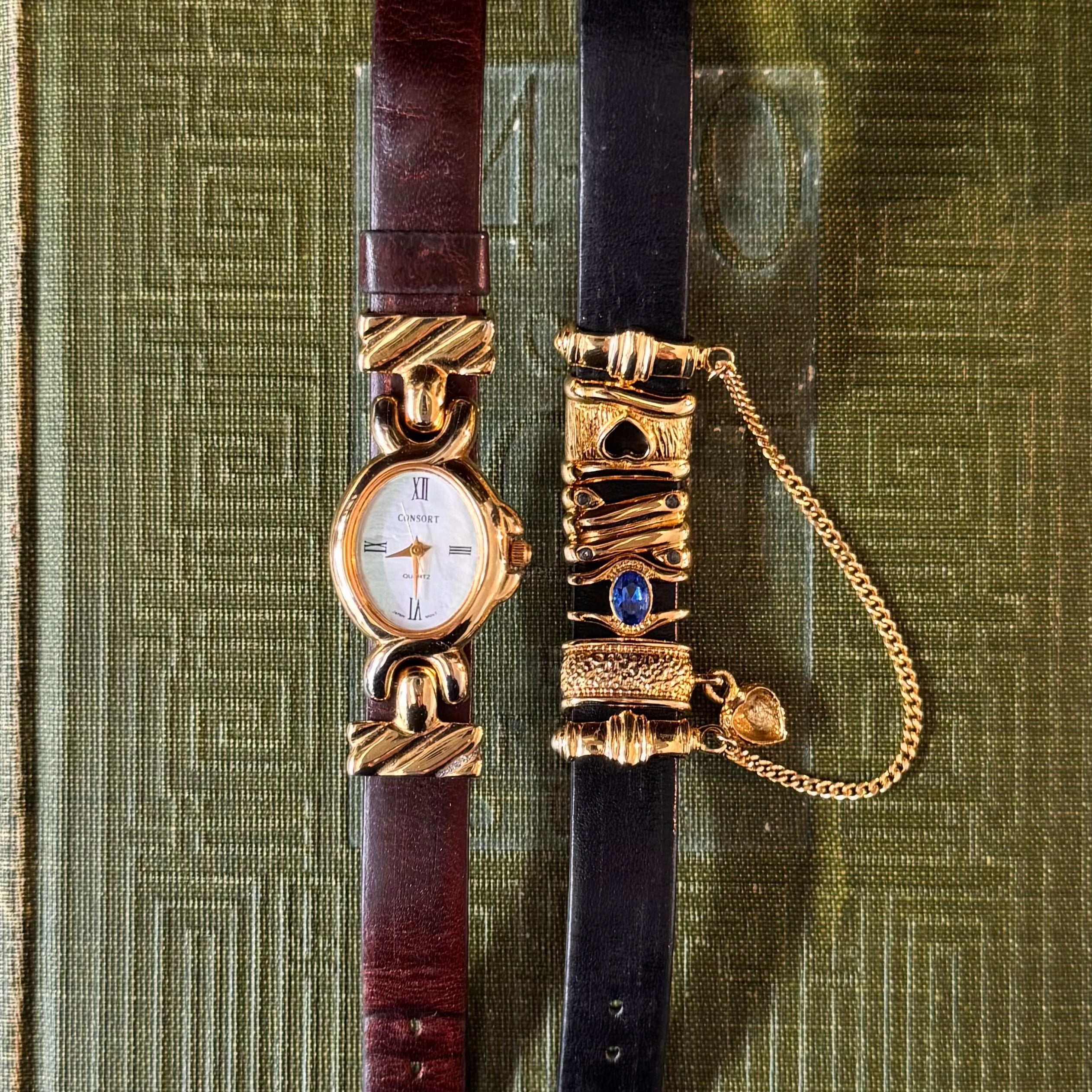 Gold Interchangeable Watch with Bracelet & Black leather Strap with Ch ...