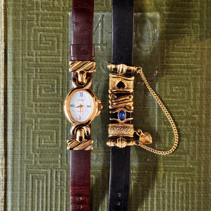 Gold Interchangeable Watch with Bracelet & Black leather Strap with Chains