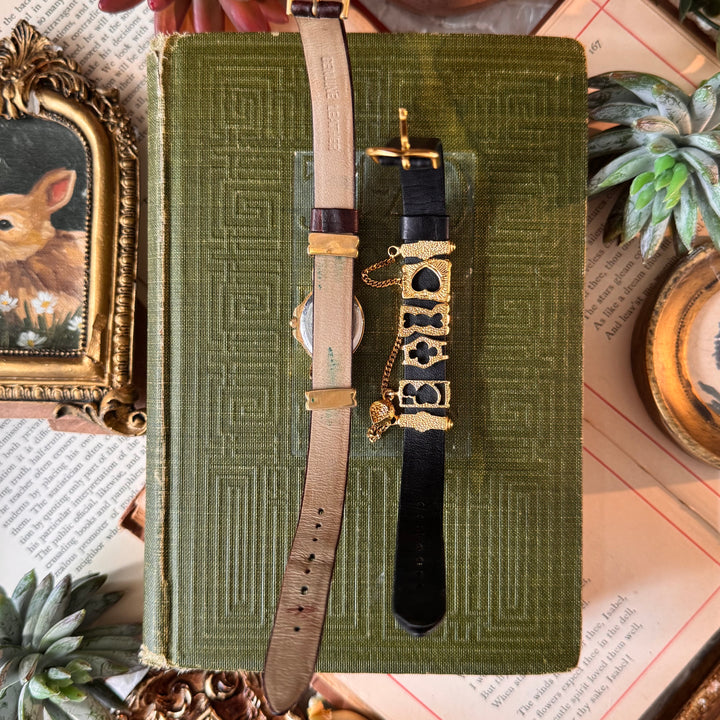 Gold Interchangeable Watch with Bracelet & Black leather Strap with Chains