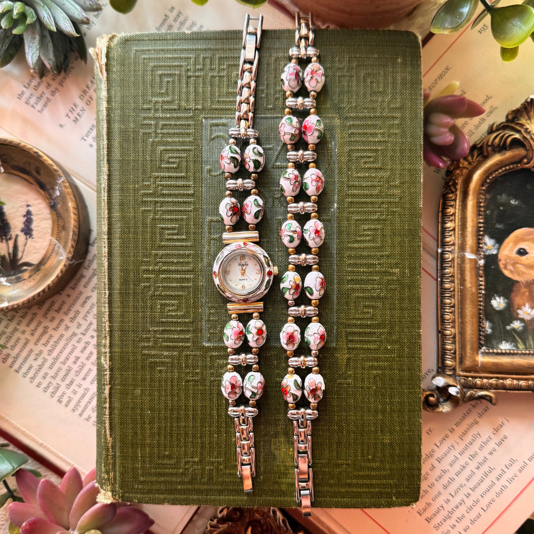 Gold Floral Enamel Watch with Matching Bracelet