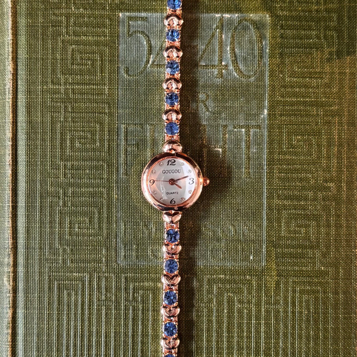 Rose Gold Heart Watch with Blue Rhinestones
