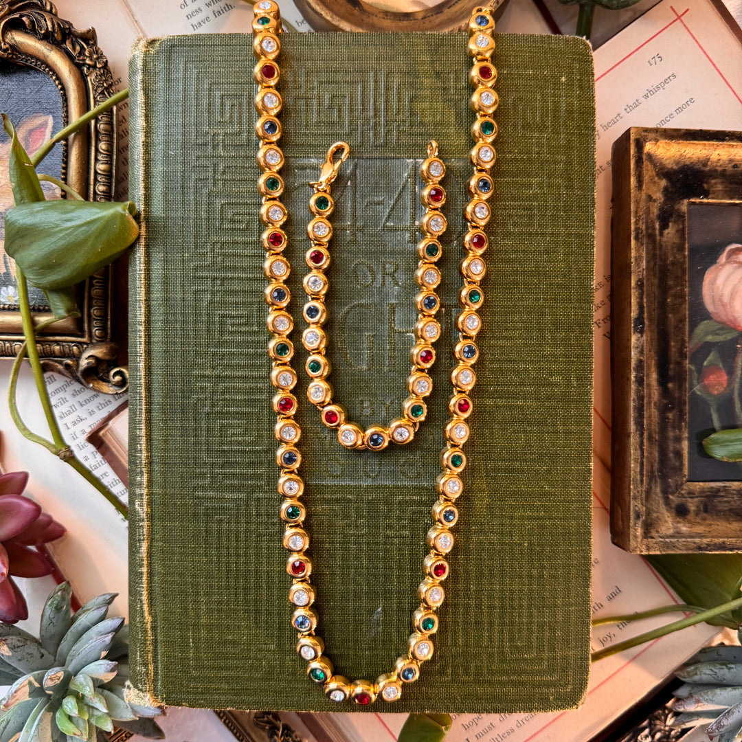 Gold Bracelet & Necklace with multicolored Rhinestones
