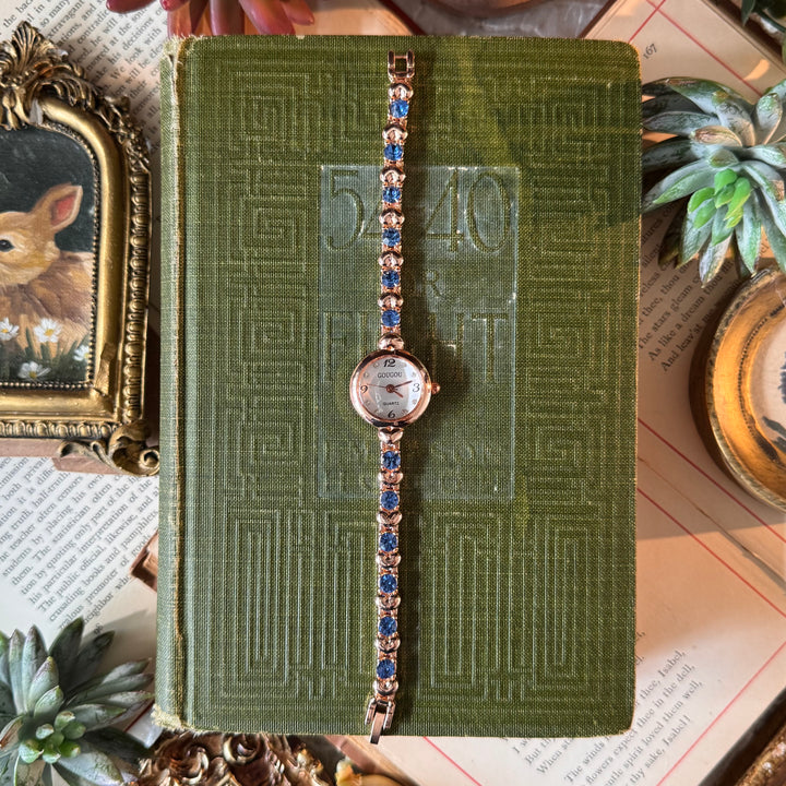 Rose Gold Heart Watch with Blue Rhinestones