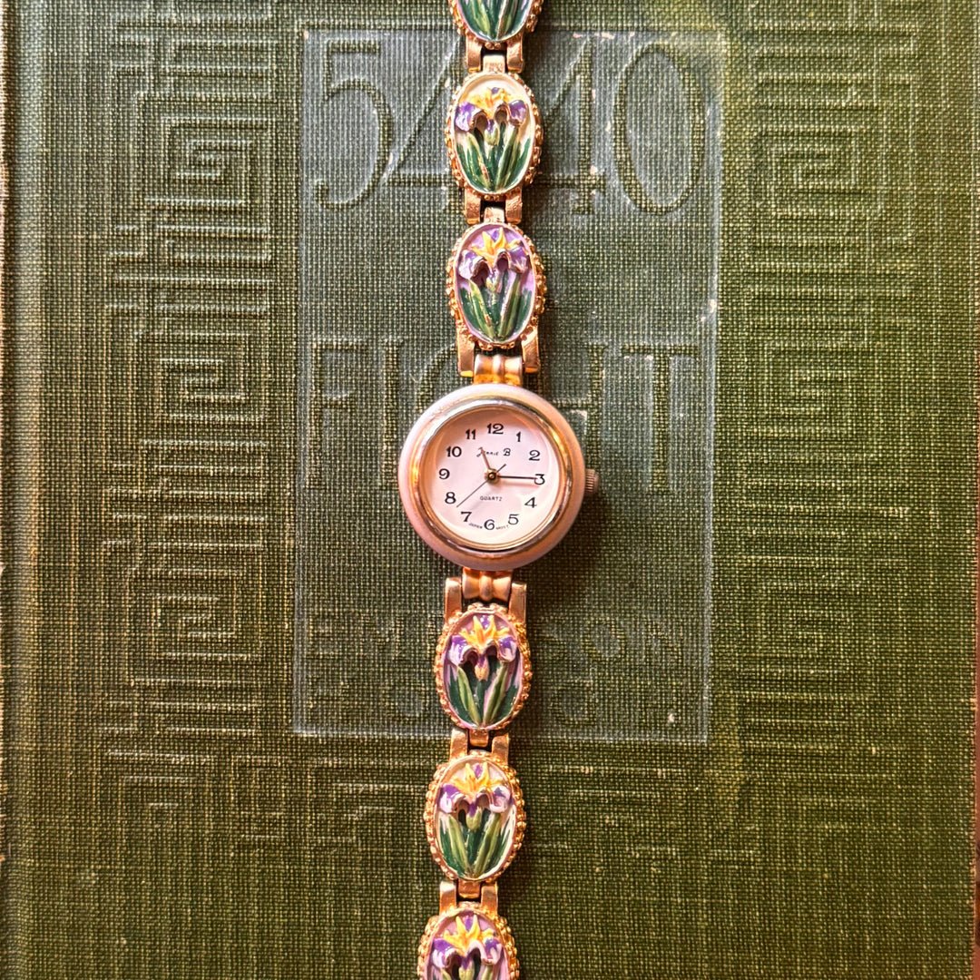 Gold Floral Enamel Watch