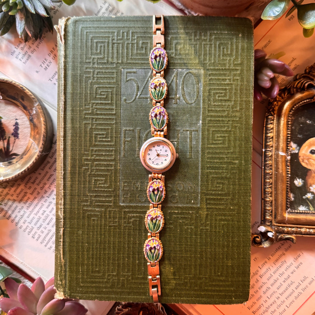 Gold Floral Enamel Watch