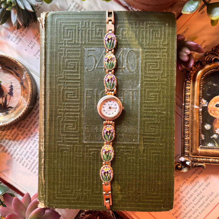 Gold Floral Enamel Watch