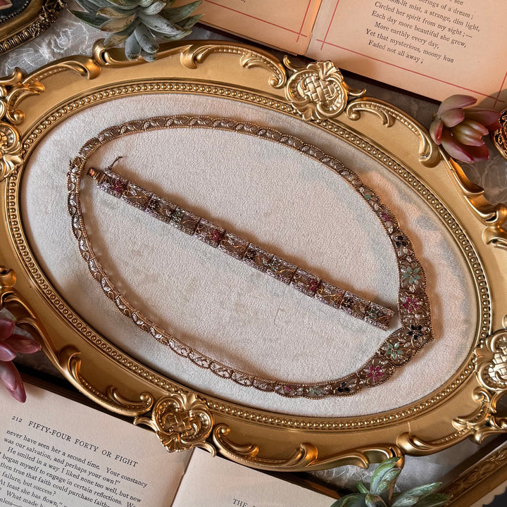 Gold 925 Floral Necklace with Matching Bracelet