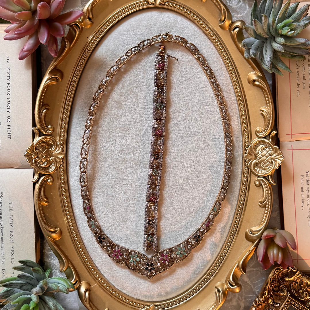 Gold 925 Floral Necklace with Matching Bracelet