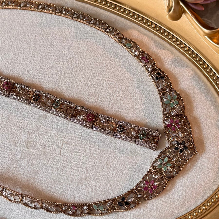 Gold 925 Floral Necklace with Matching Bracelet