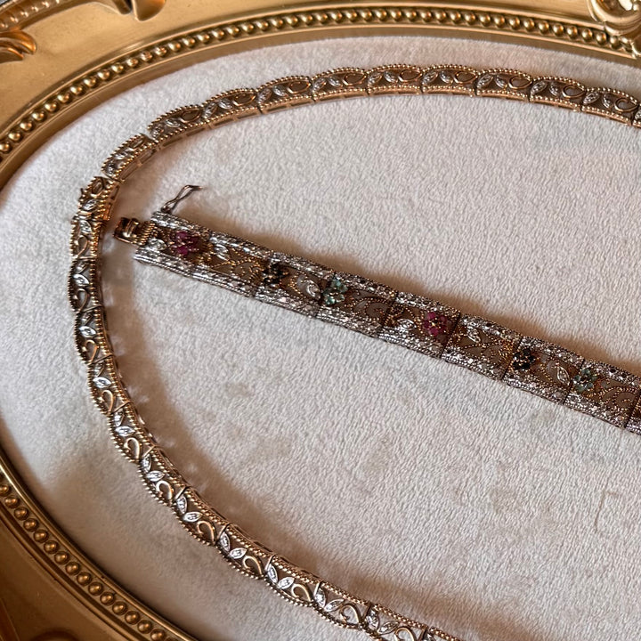 Gold 925 Floral Necklace with Matching Bracelet