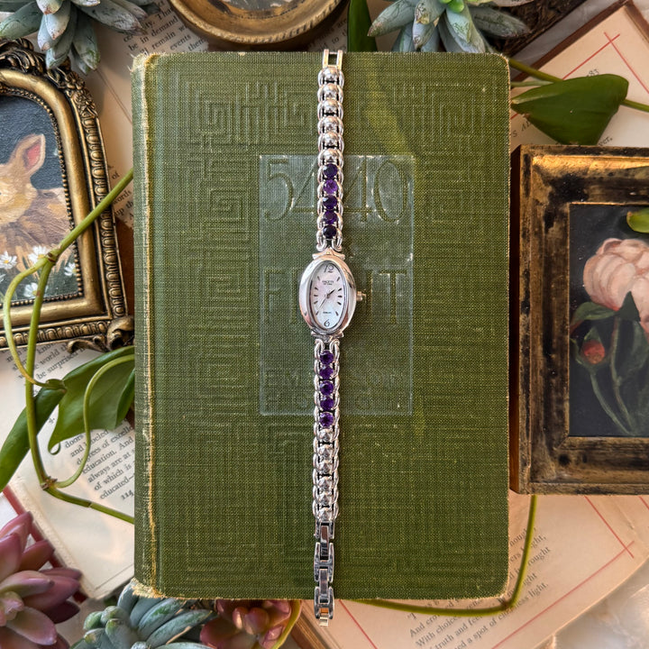 Silver Watch with Amethyst Stones and Mother of Pearl Face