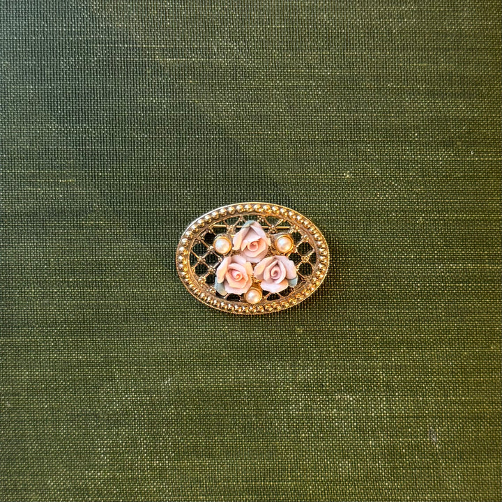 Gold Pink Rose Brooch