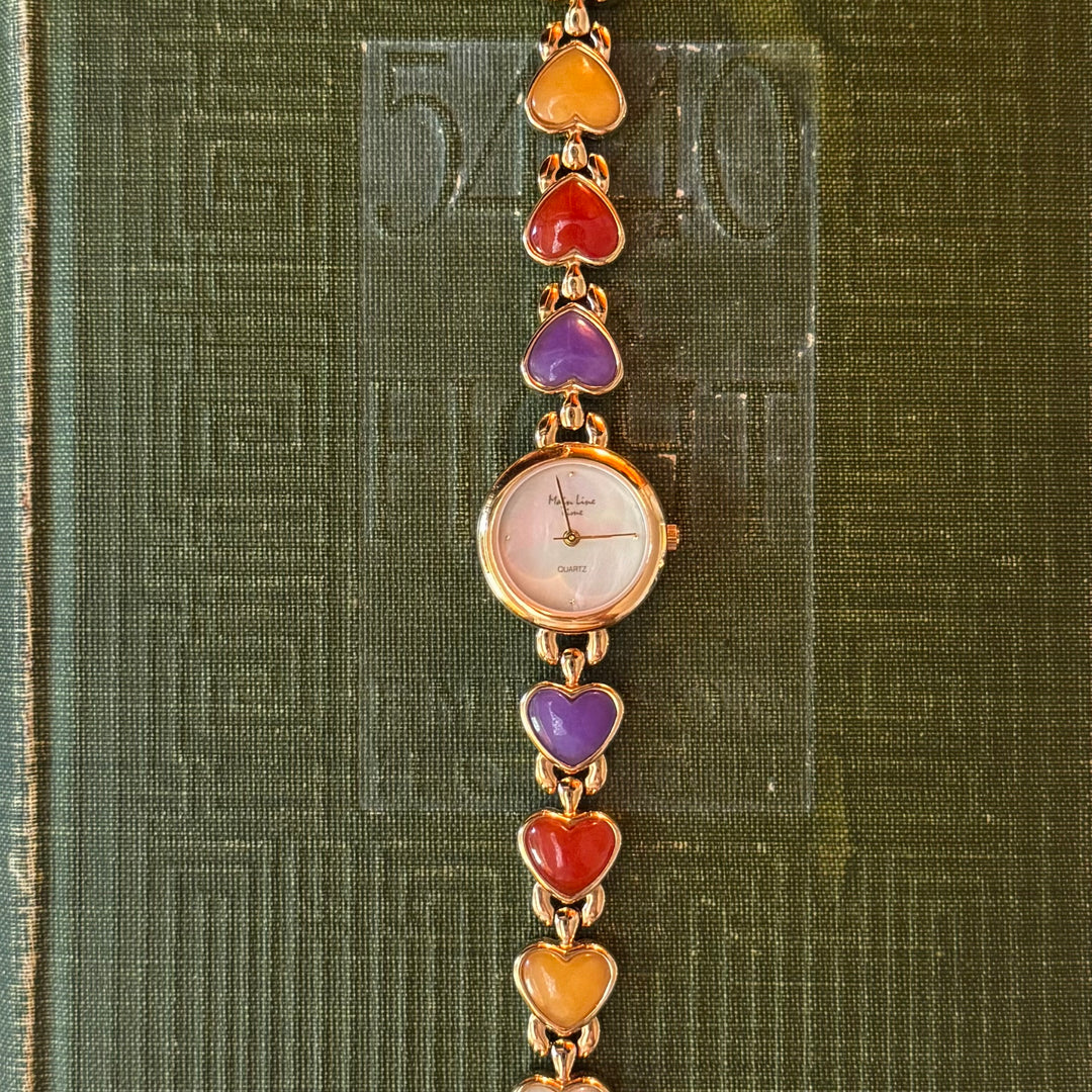 Gold Heart Watch with Cabochon Stones